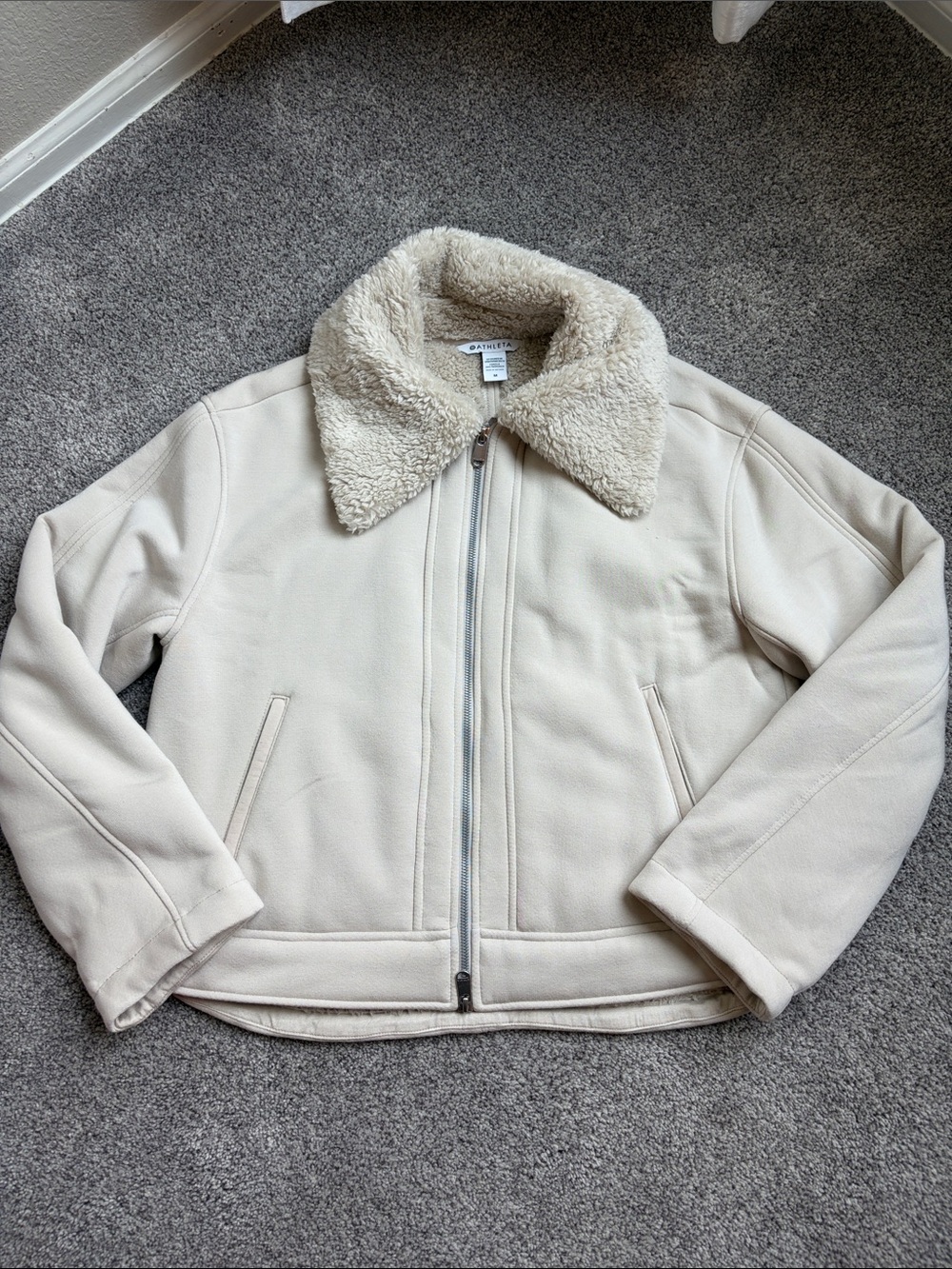 Athleta Cream Sherpa-Trim Zip Teddy Jacket